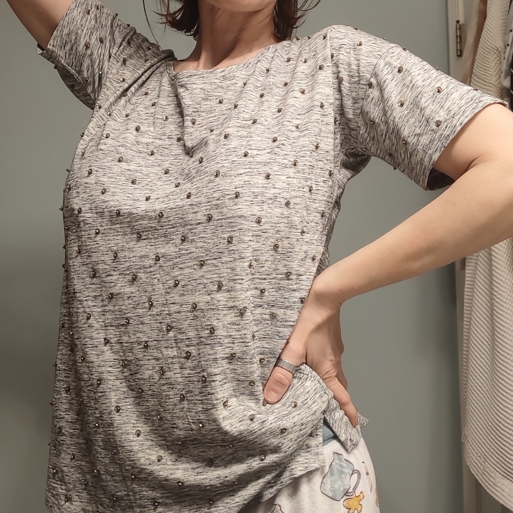 NWT J.Crew 100% cotton jersey t with brass beaded sequins.